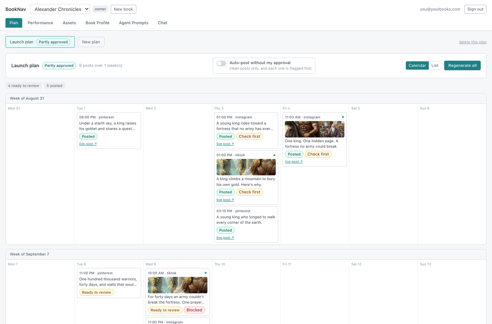 BookNav's content calendar showing a launch plan of nine posts across two weeks, with posts marked Posted, Ready to review, and Blocked.