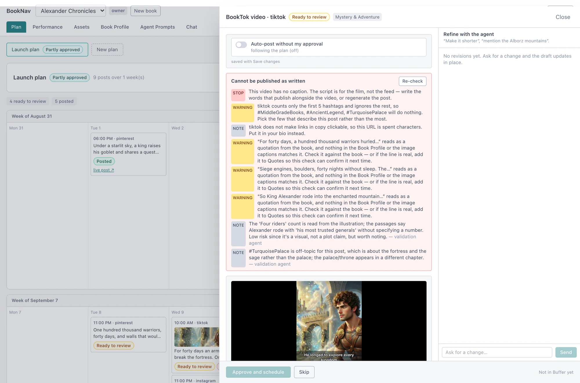 BookNav's review panel showing a BookTok video that cannot be published as written, with specific findings: a missing caption, hashtags TikTok will ignore, and three quotations that do not match the manuscript.